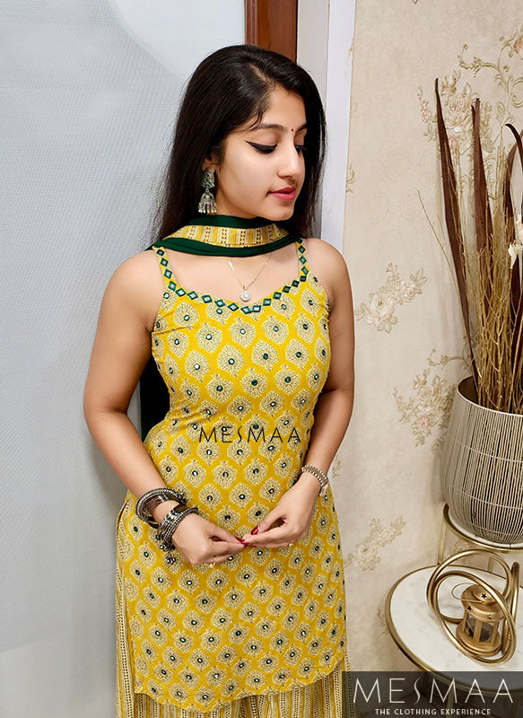 Yellow bottle green sharara set