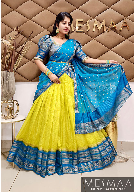 Lemon green copper sulphate blue half saree