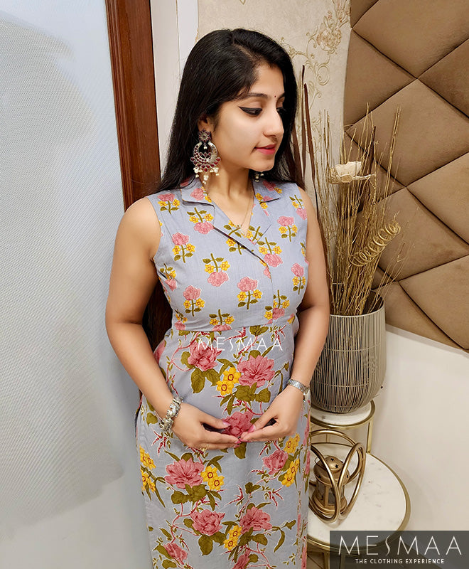 Grey floral kurti set.