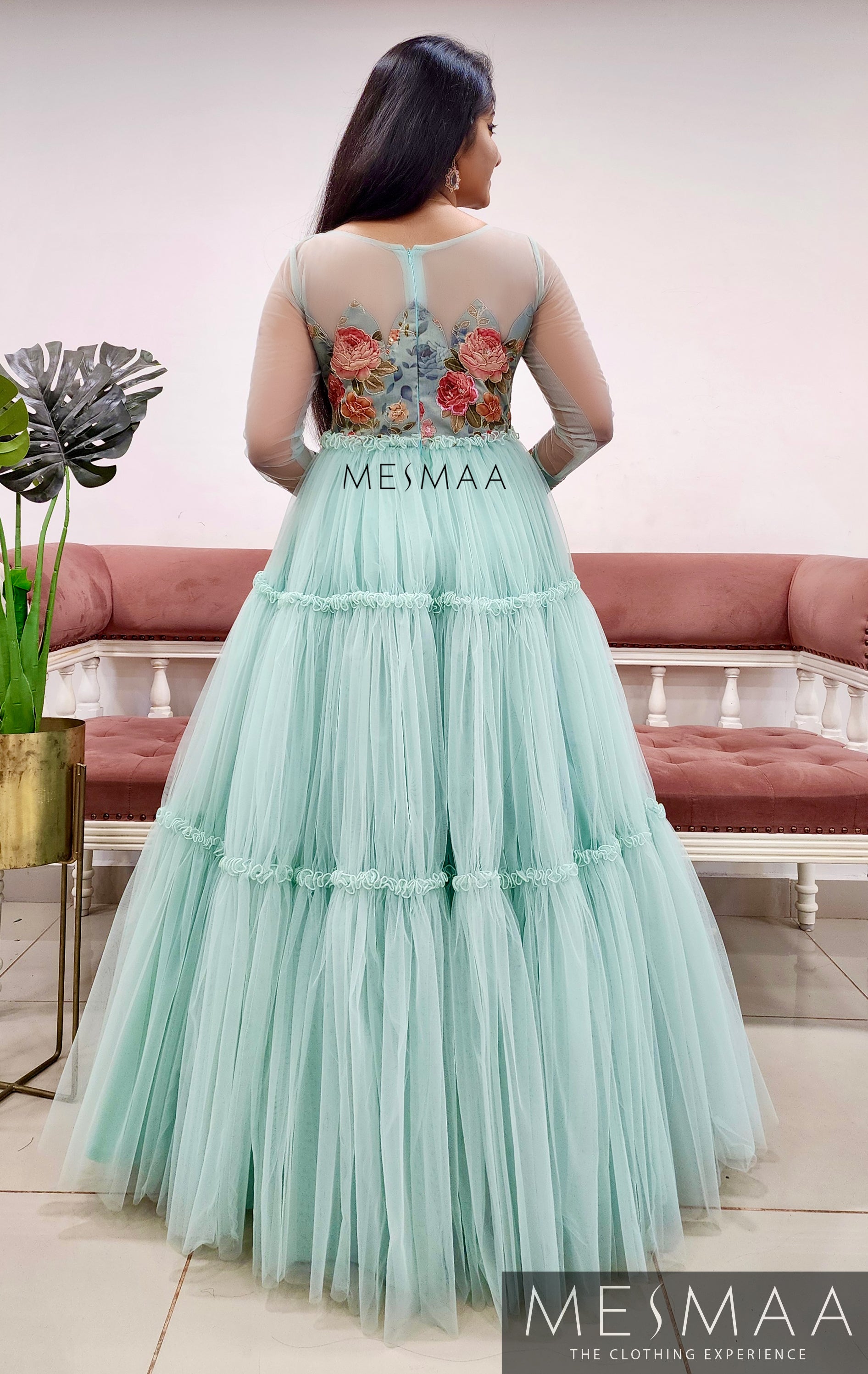 Baby blue flared gown.