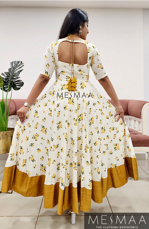 Mustard yellow creamy white flared anarkali