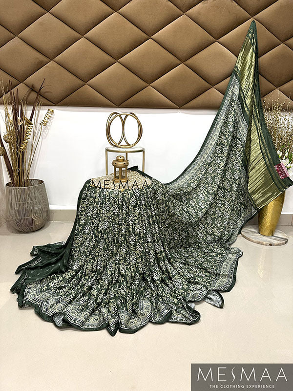 Ajarkh  print mirror work saree