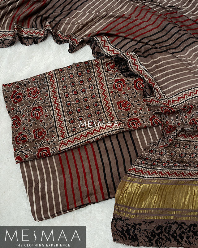 pure model silk with ajrakh print suits