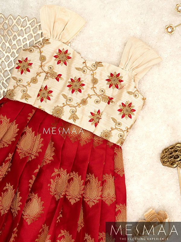 Half white crimson red crop top skirt for kids