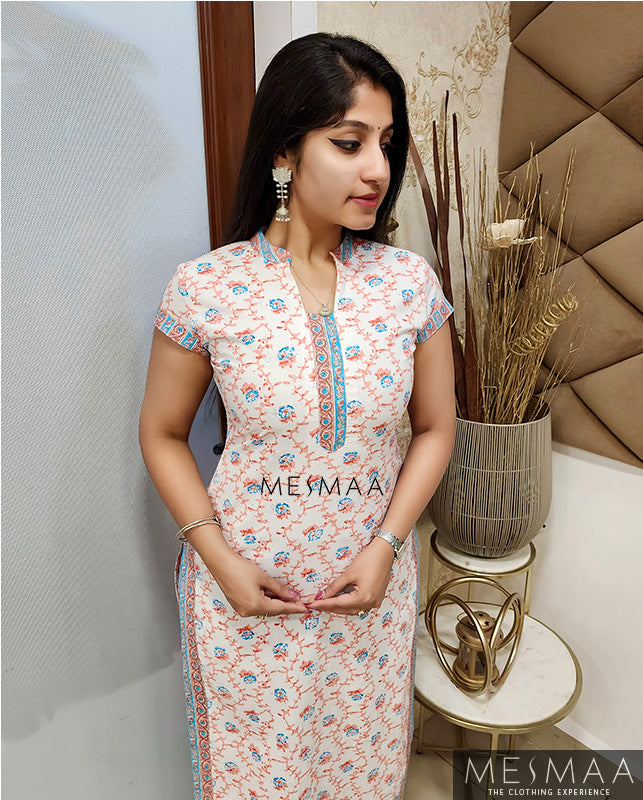 White peach blue kurti set.