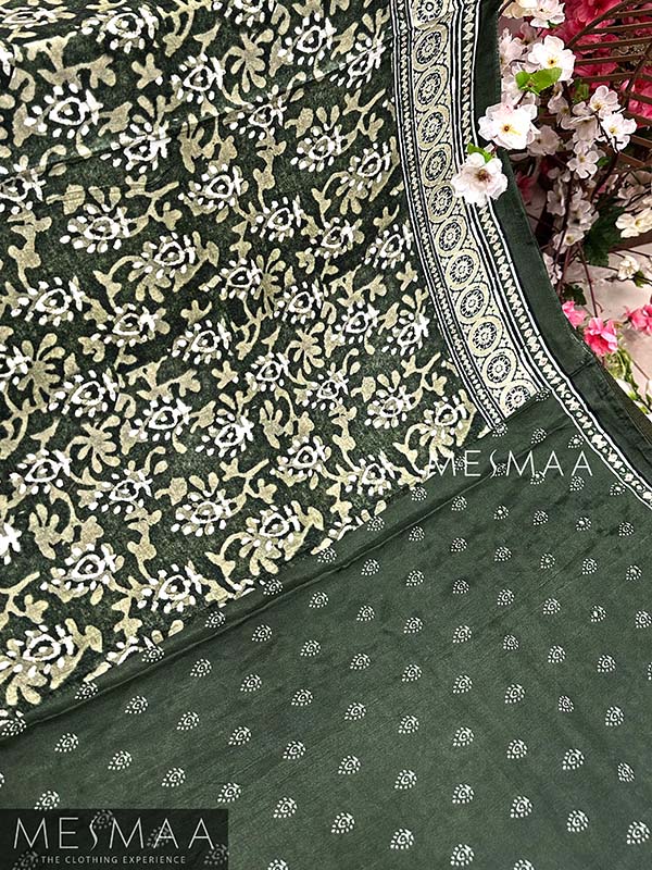 Ajarkh  print mirror work saree