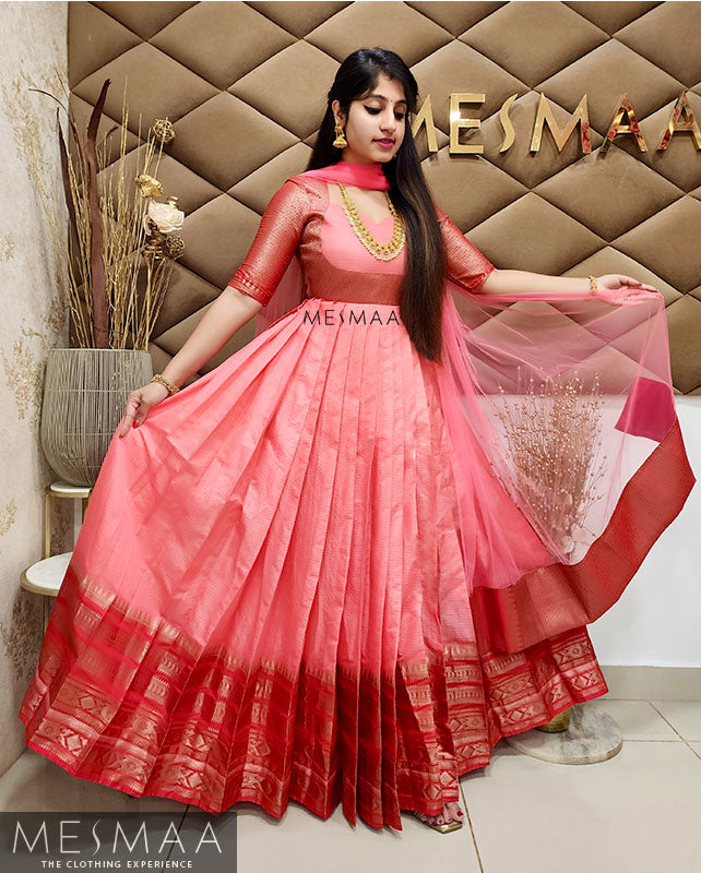 Peach red saree converted gown