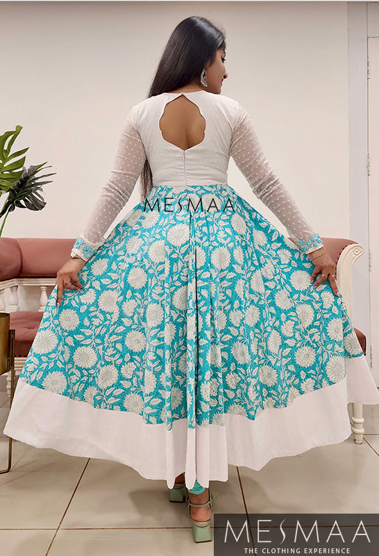 Blue white flared anarkali