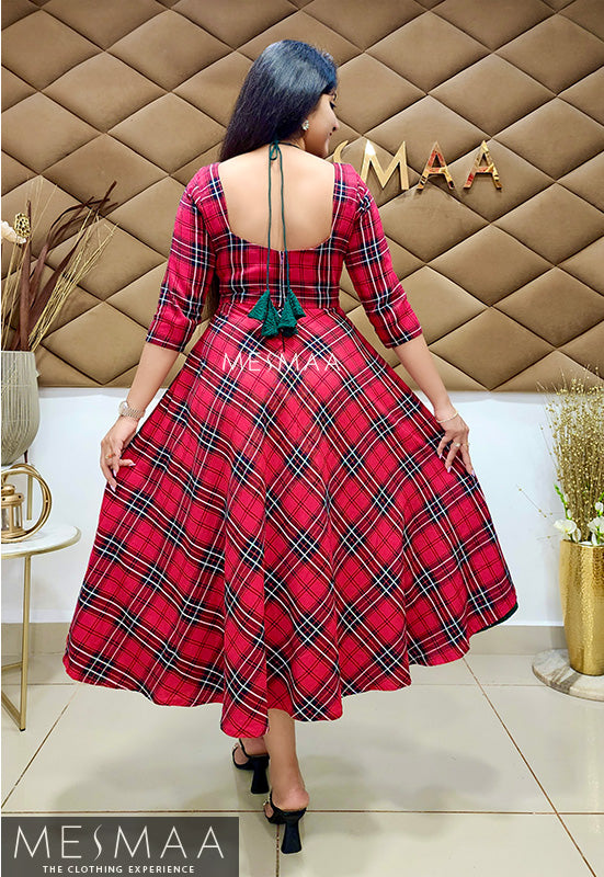 Red bottle green checked dress