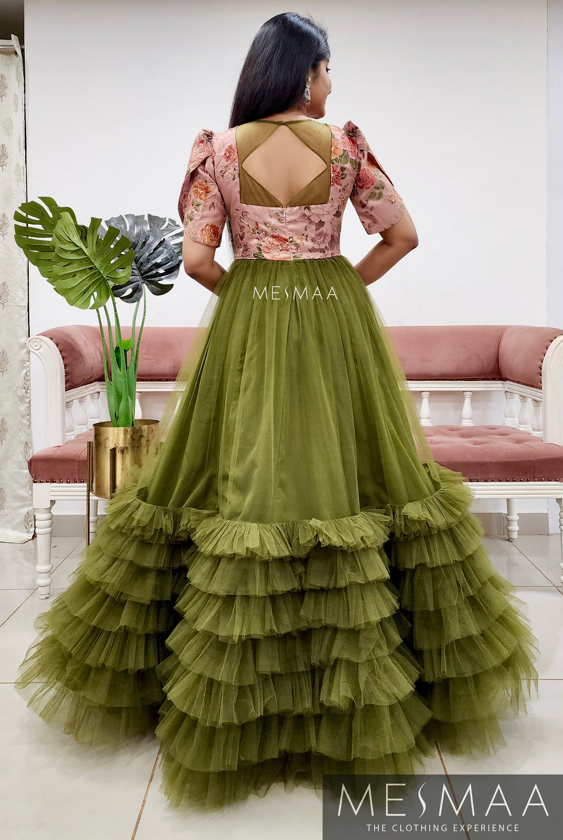 Olive green dusty pink flared gown