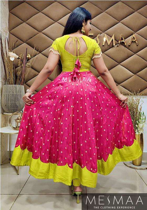 Bright green rani pink tissue anarkali.
