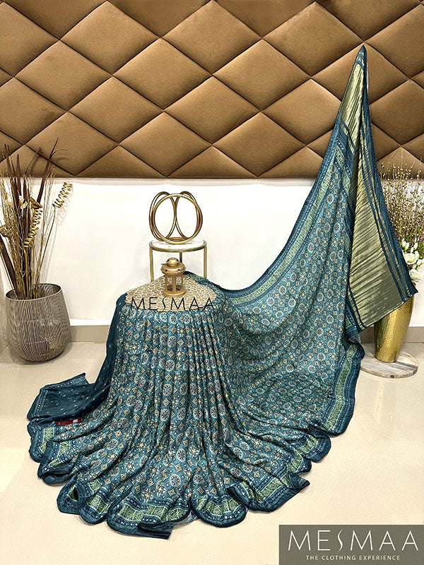 Ajarkh print mirror work saree