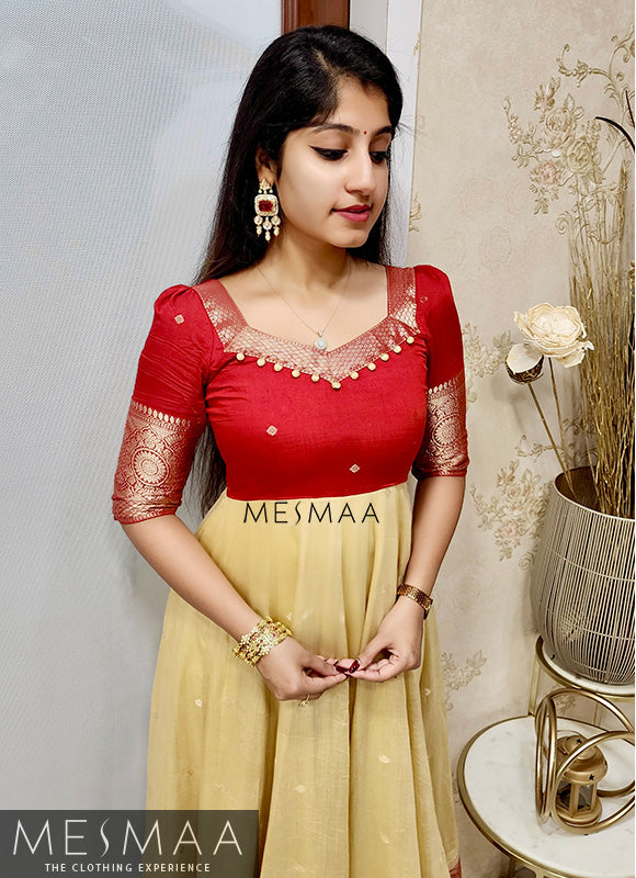 Half white red saree converted anarkali.