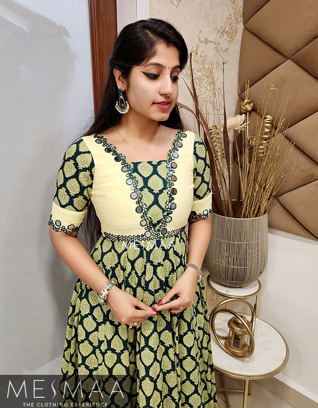 Dark green pale yellow flared anarkali