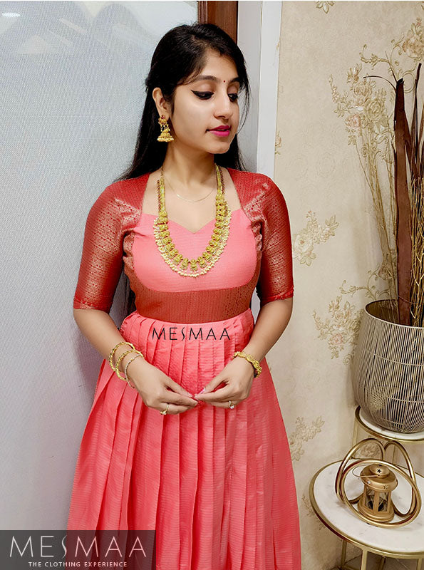 Peach red saree converted gown