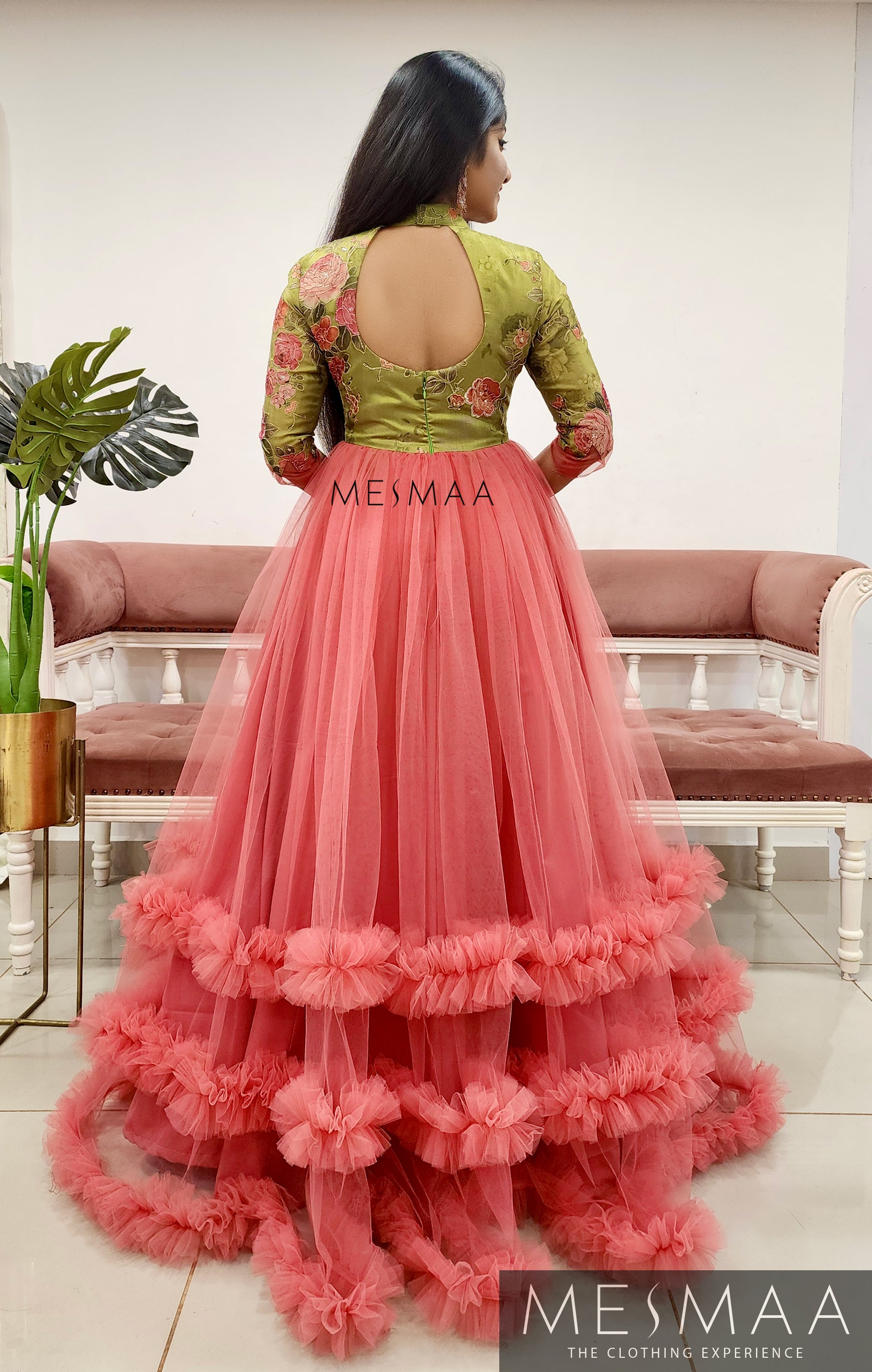 Green coral flared gown.