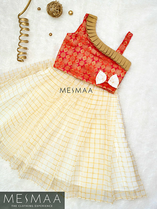 Reddish pink half white lehenga for kids