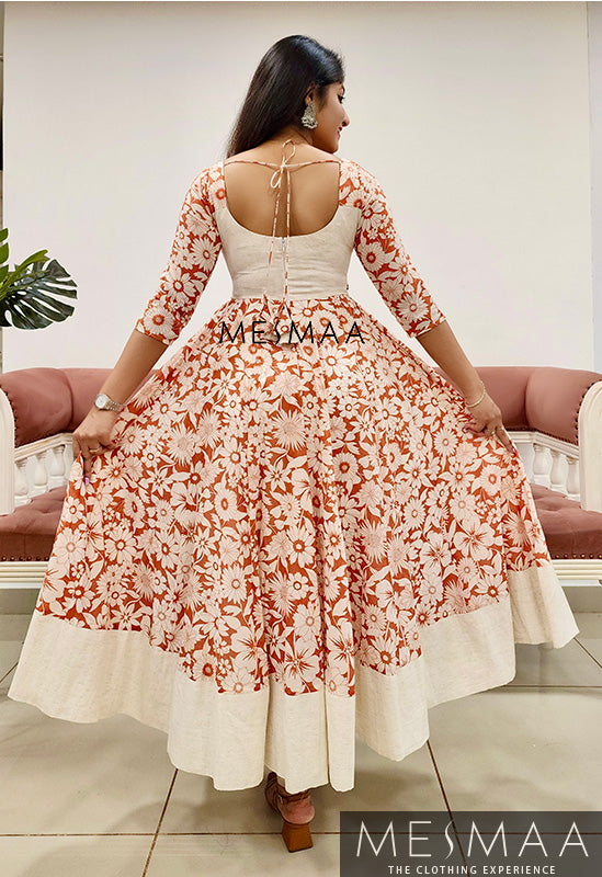 Rust half white flared anarkali