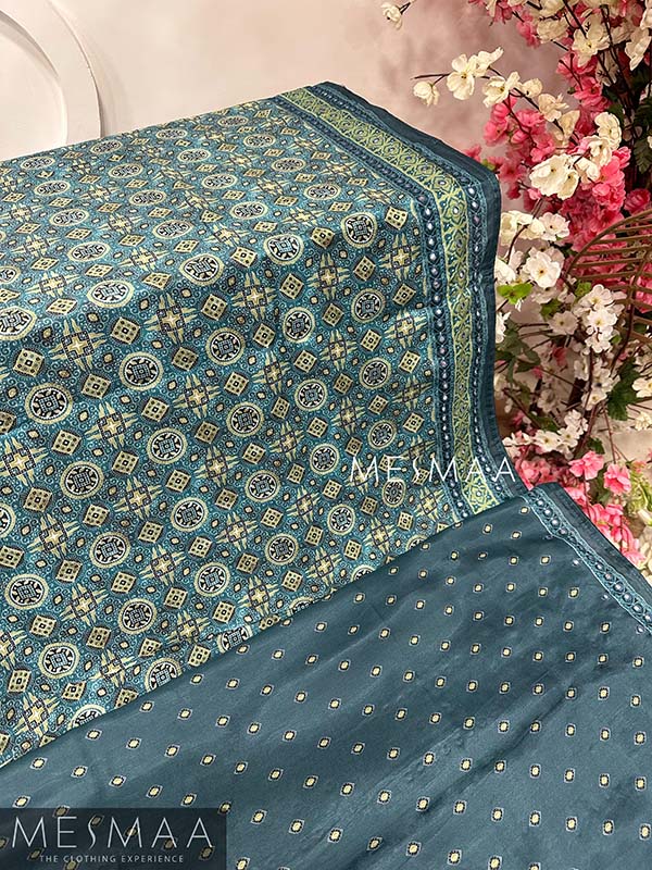 Ajarkh print mirror work saree