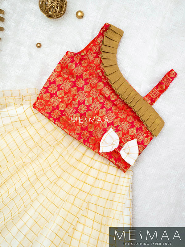 Reddish pink half white lehenga for kids