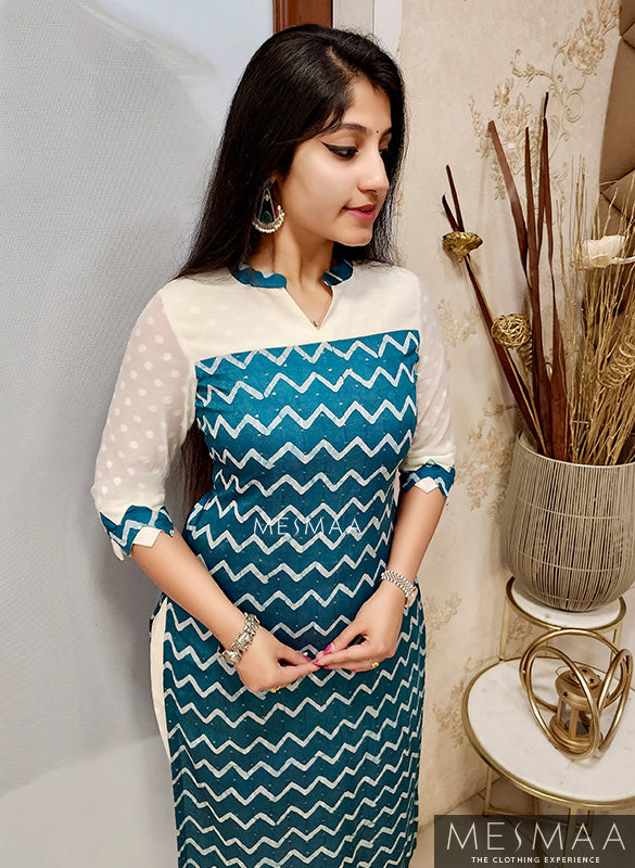 Teal white kurti set.