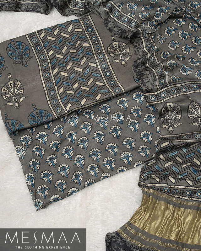 pure model silk with ajrakh print suits