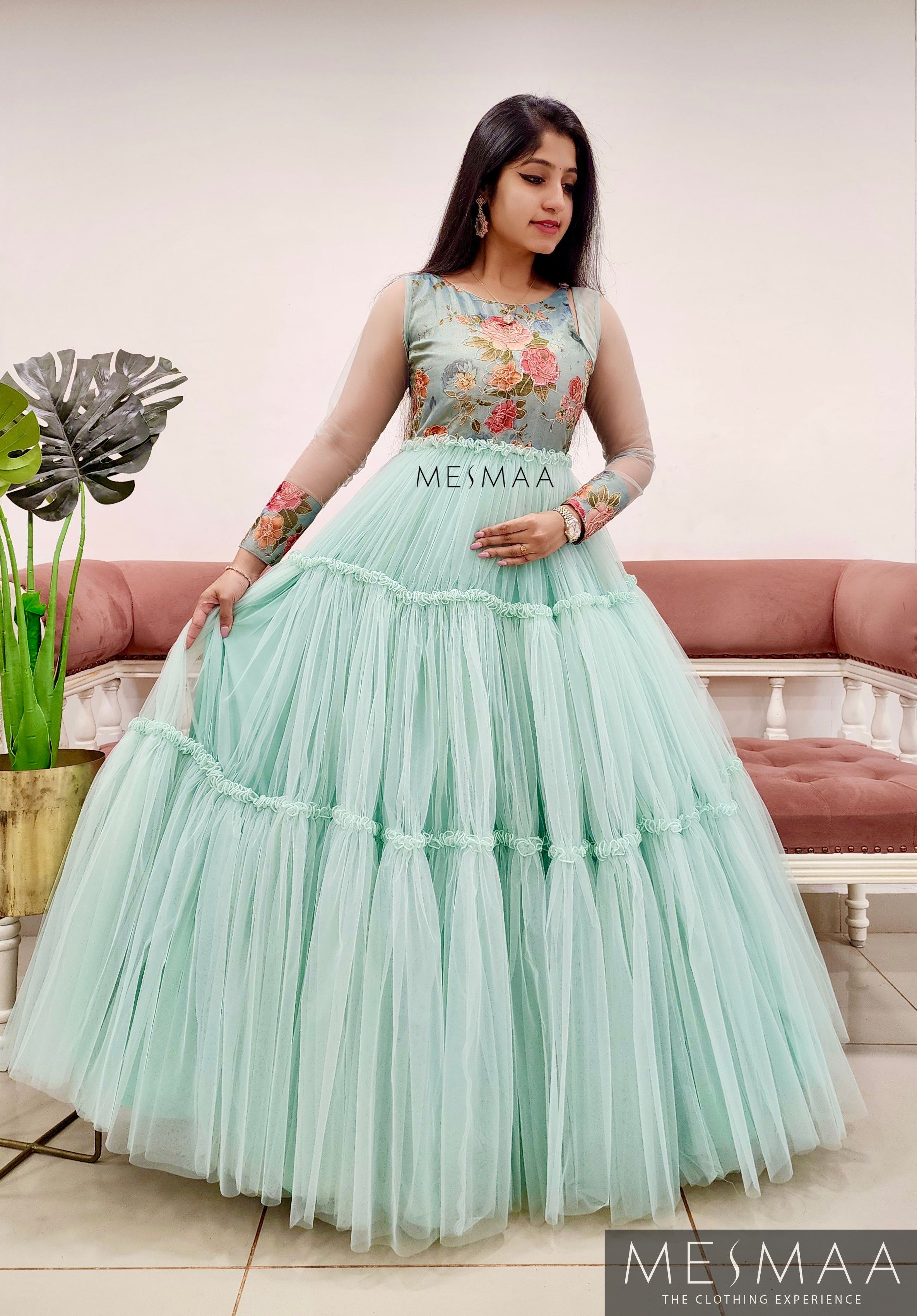 Baby blue flared gown.