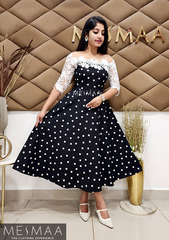 Black white cut work polka dress
