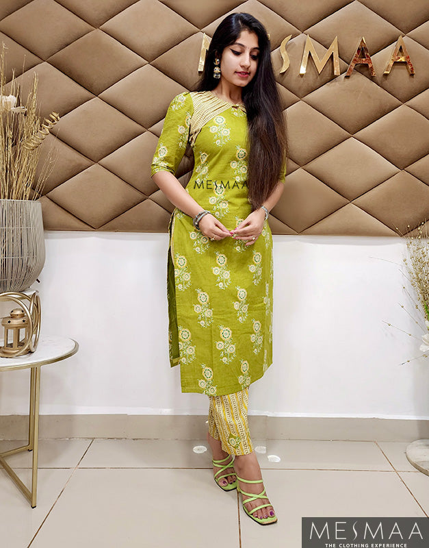 Green yellow kurti set.