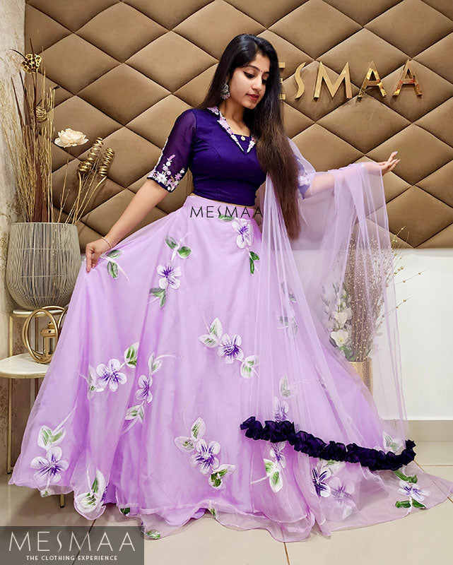 Violet lilac floral lehenga.