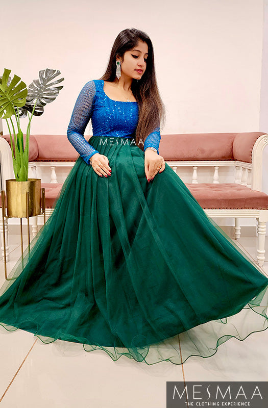 Peacock blue bottle green gown