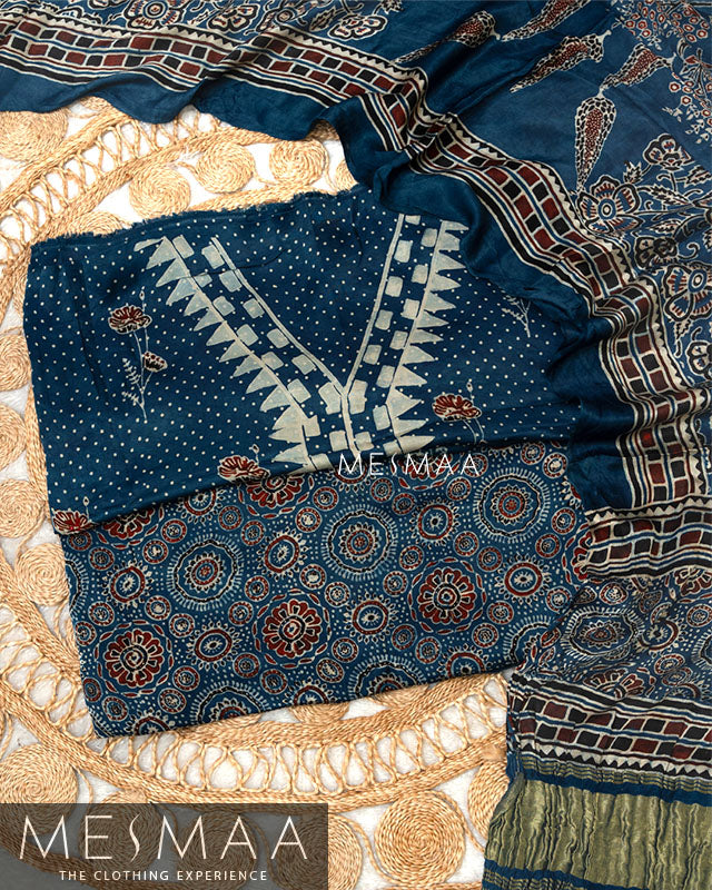 pure model silk with ajrakh print suits