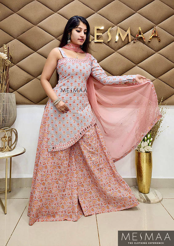 Grey peach sharara set