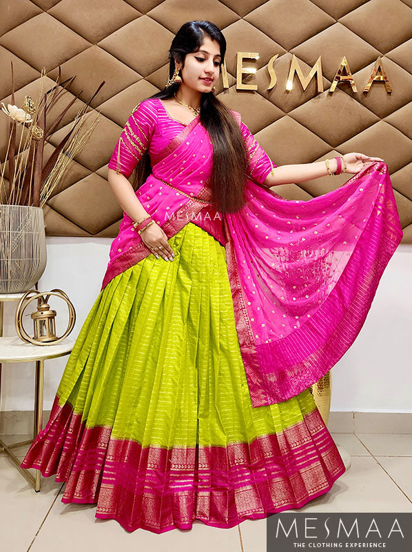 Bright green pink half saree