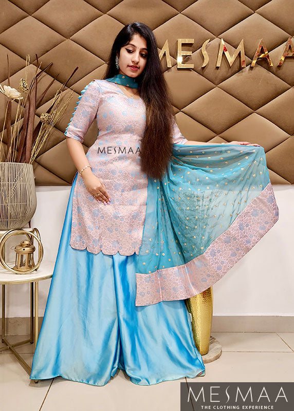 Blush pink ice blue sharara set
