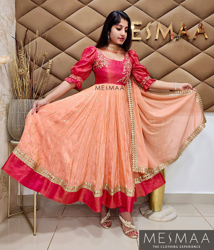 Pinkish red peach tissue anarkali