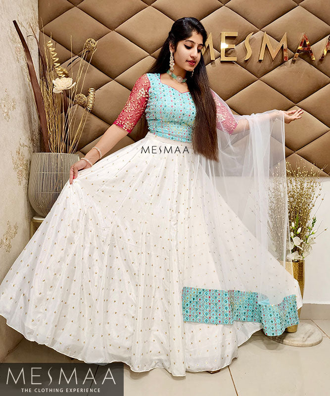 Blue - pink - Creamy white lehenga