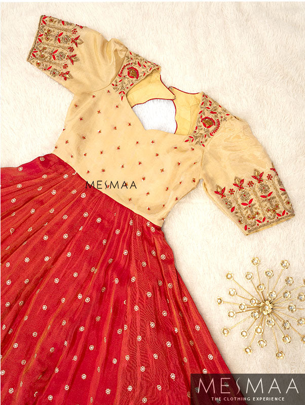 Beige pinkish red tissue anarkali