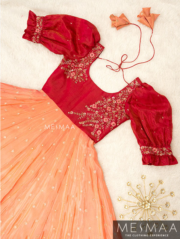 Pinkish red Peach tissue anarkali.