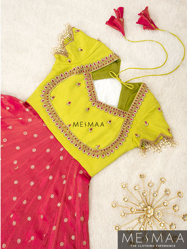 Bright green rani pink tissue anarkali.