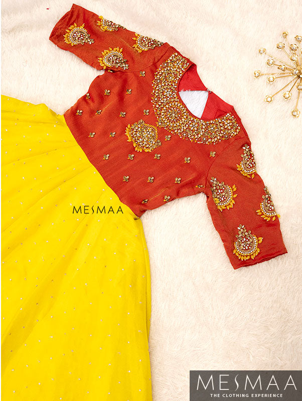 Red lemon yellow tissue anarkali