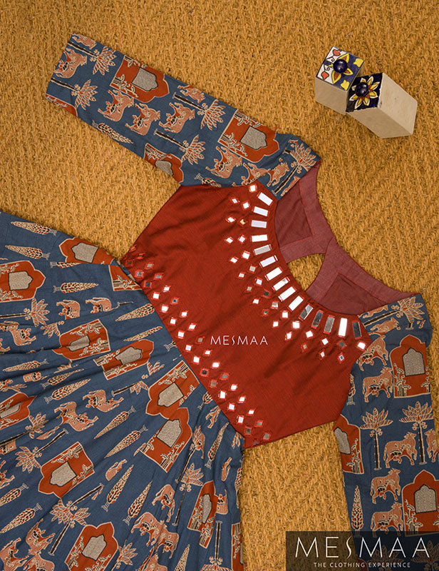 Indigo blue dark red flared anarkali