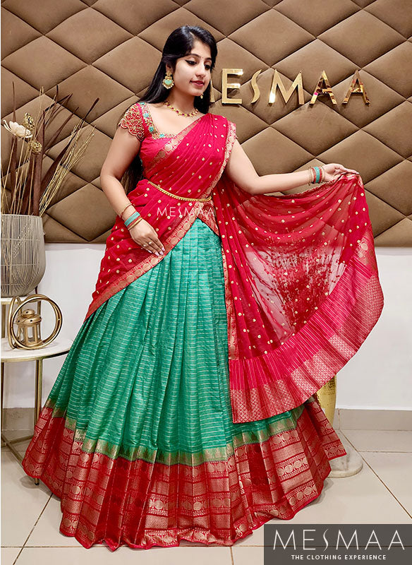 Teal red half saree