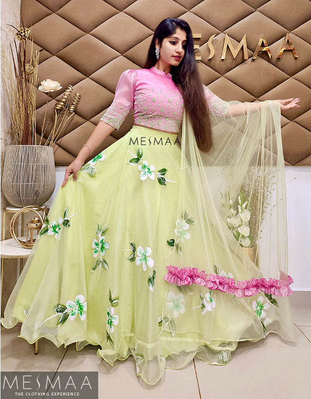 Pink lemon green floral lehenga