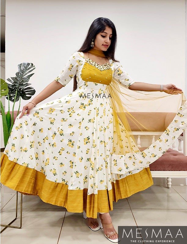 Mustard yellow creamy white flared anarkali