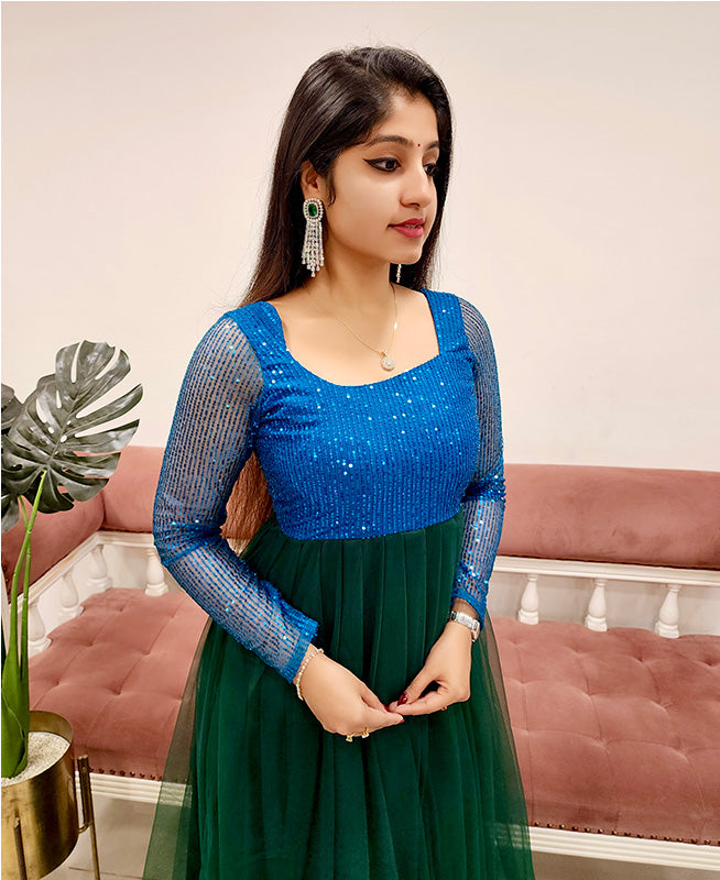 Peacock blue bottle green gown