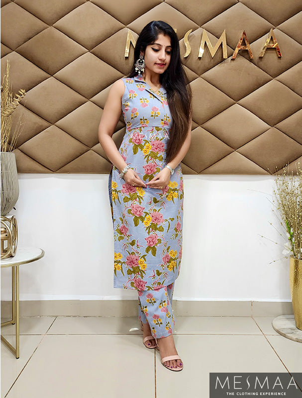 Grey floral kurti set.