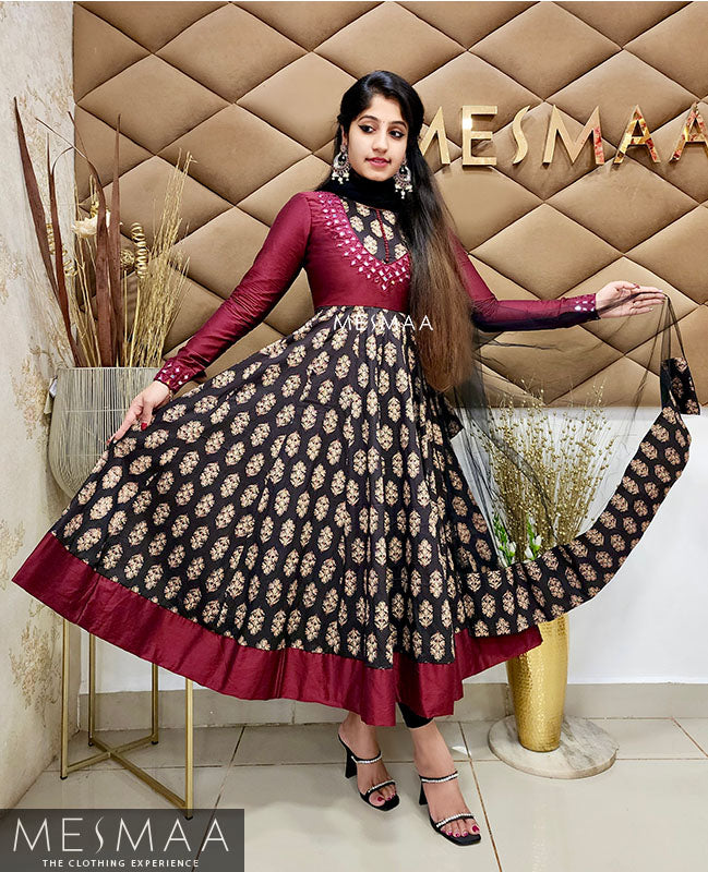 Maroon black flared anarkali