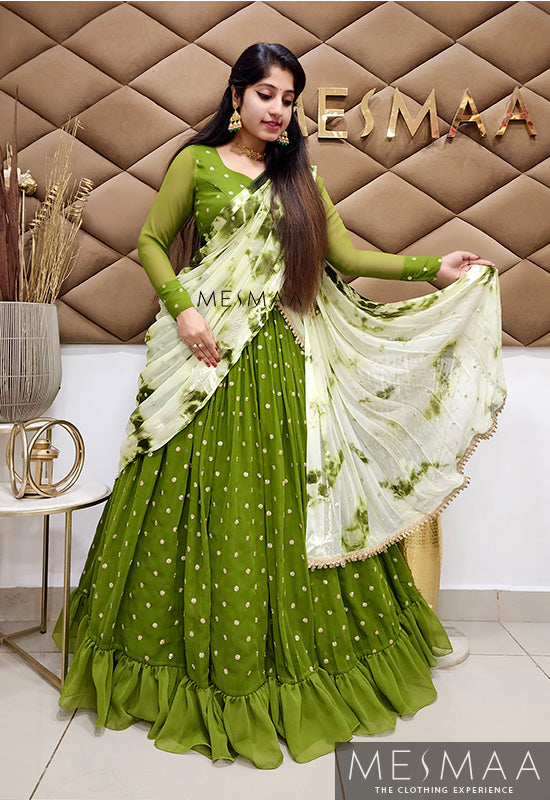 Olive green mint green half saree