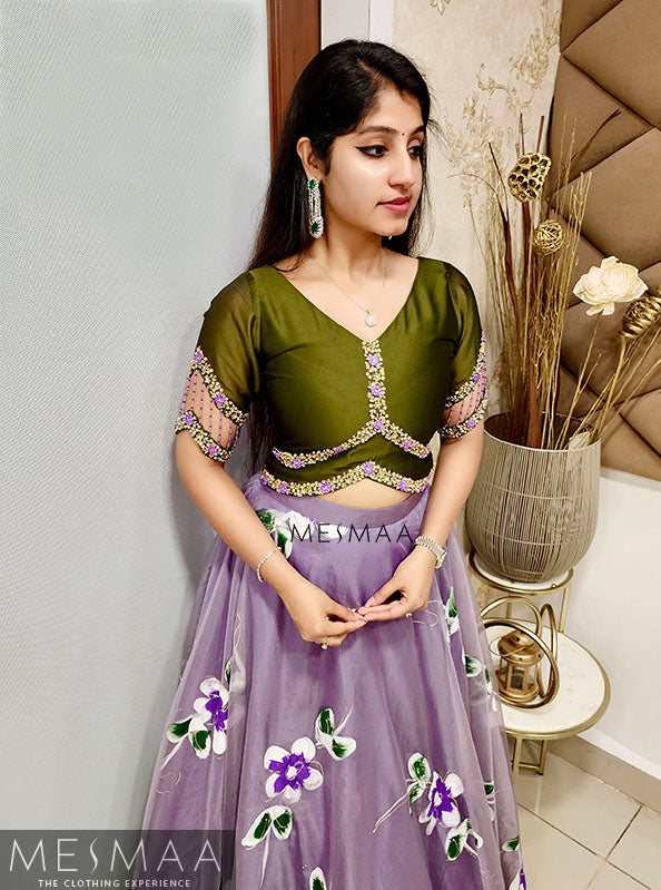 Olive green dusty lavender floral lehenga